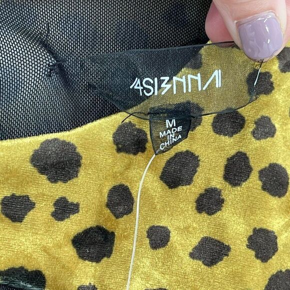 4SI3NNA Gold Leopard Velvet Bodysuit Long Puff Sleeves Front Cutout Women Medium - Picture 7 of 10